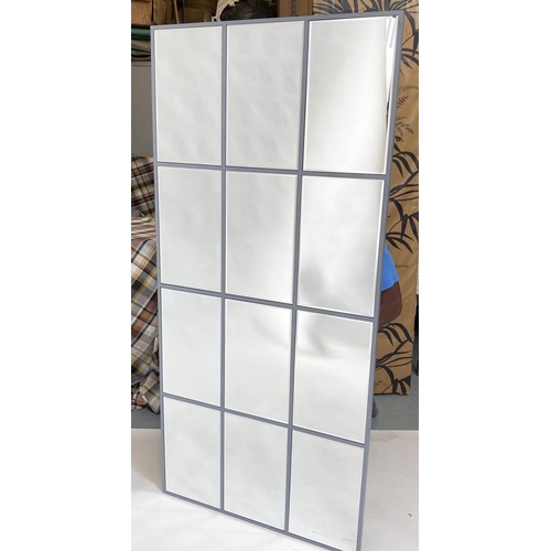 138 - WALL MIRROR, bevelled twelve pane with grey frame, 150cm H x 70cm W.