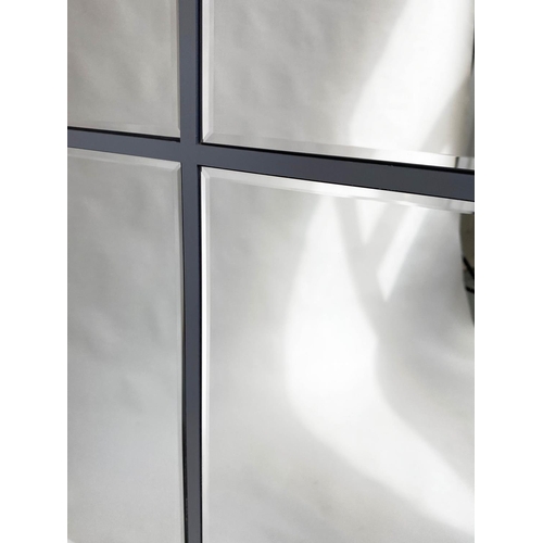 138 - WALL MIRROR, bevelled twelve pane with grey frame, 150cm H x 70cm W.