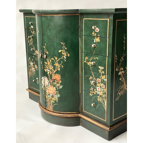 96 - CHINESE SIDE CABINET, green lacquered and gilt chinoiserie floral painted with two bow doors flanked... 