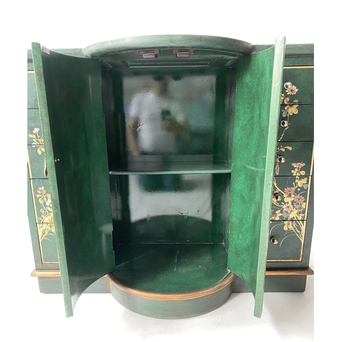 96 - CHINESE SIDE CABINET, green lacquered and gilt chinoiserie floral painted with two bow doors flanked... 