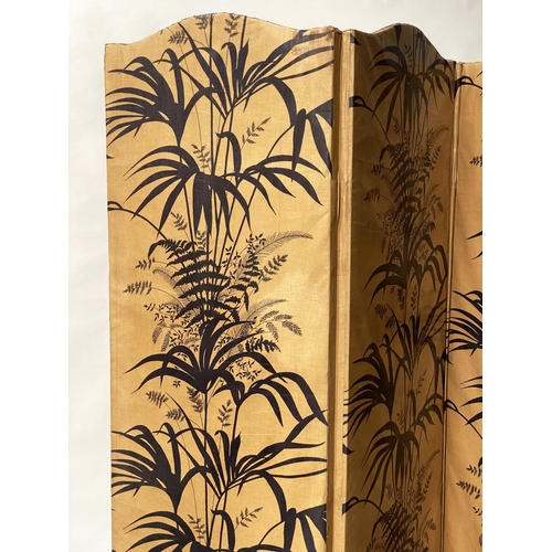 97 - SCREEN, four fold bamboo and palm tree decorated, each panel, 185cm H x 53cm D.