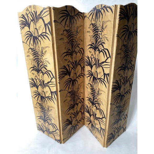 97 - SCREEN, four fold bamboo and palm tree decorated, each panel, 185cm H x 53cm D.