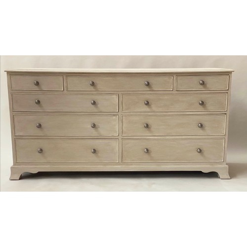 107 - LOW CHEST, 76cm H x 152cm x 47cm, George III design grey painted with nine drawers and splay bracket... 