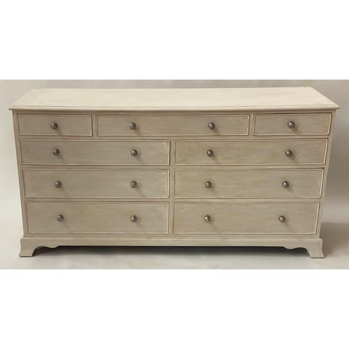 107 - LOW CHEST, 76cm H x 152cm x 47cm, George III design grey painted with nine drawers and splay bracket... 