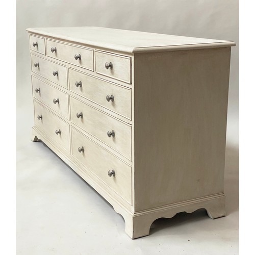 107 - LOW CHEST, 76cm H x 152cm x 47cm, George III design grey painted with nine drawers and splay bracket... 