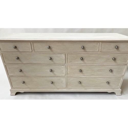 107 - LOW CHEST, 76cm H x 152cm x 47cm, George III design grey painted with nine drawers and splay bracket... 