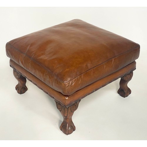 122 - FOOTSTOOL, early 18th century style, studded tan leather with lion paw supports, 60cm x 42cm H.