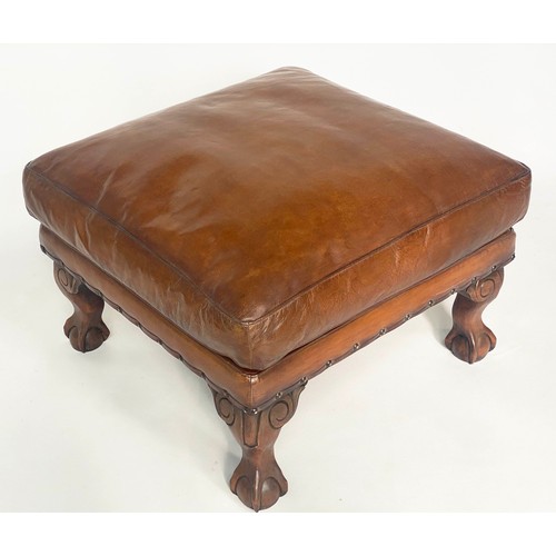 122 - FOOTSTOOL, early 18th century style, studded tan leather with lion paw supports, 60cm x 42cm H.