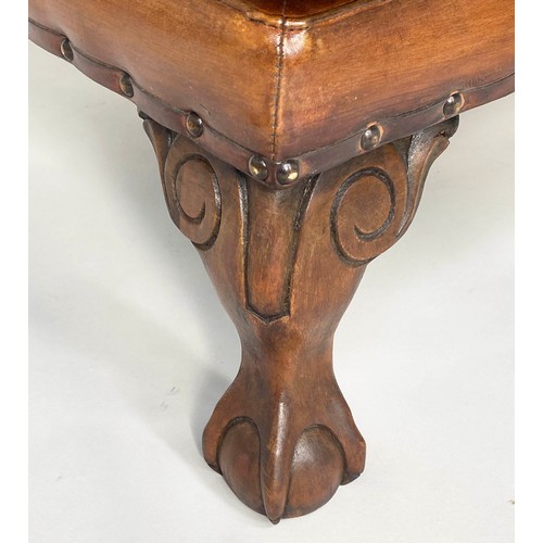 122 - FOOTSTOOL, early 18th century style, studded tan leather with lion paw supports, 60cm x 42cm H.