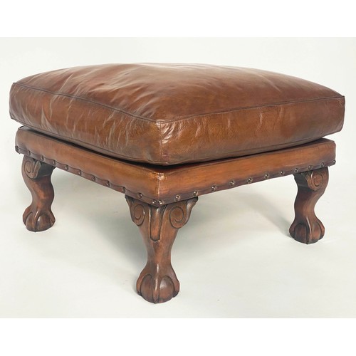 122 - FOOTSTOOL, early 18th century style, studded tan leather with lion paw supports, 60cm x 42cm H.