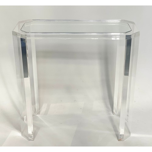 115 - CONSOLE TABLE, 1970s Lucite, rectangular with canted corners and glass, 81cm W x 82cm H x 36cm D.