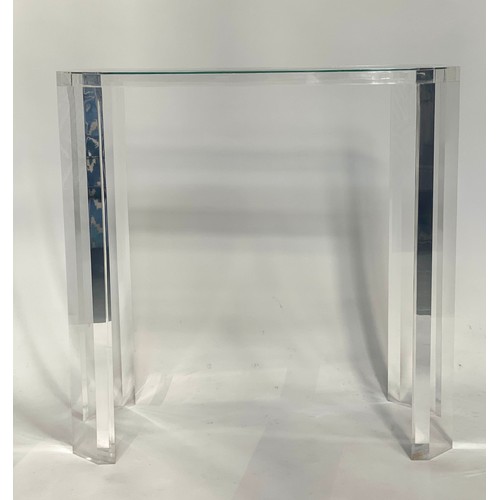 115 - CONSOLE TABLE, 1970s Lucite, rectangular with canted corners and glass, 81cm W x 82cm H x 36cm D.