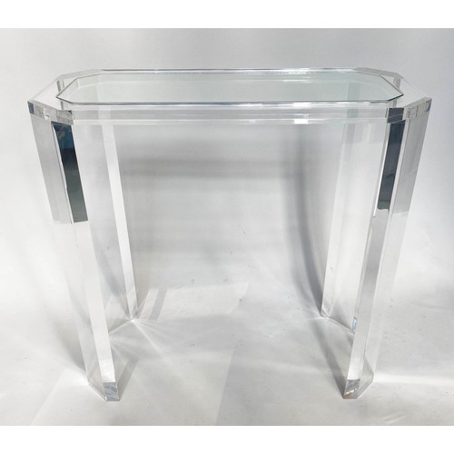 115 - CONSOLE TABLE, 1970s Lucite, rectangular with canted corners and glass, 81cm W x 82cm H x 36cm D.