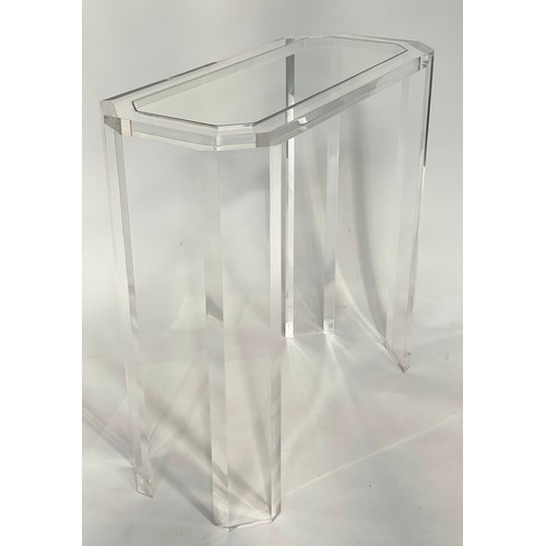 115 - CONSOLE TABLE, 1970s Lucite, rectangular with canted corners and glass, 81cm W x 82cm H x 36cm D.