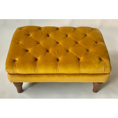 128 - FOOTSTOOL BY ALEXANDER & JAMES, rectangular buttoned studded mustard yellow velvet and turned suppor... 