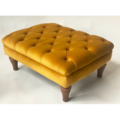 128 - FOOTSTOOL BY ALEXANDER & JAMES, rectangular buttoned studded mustard yellow velvet and turned suppor... 