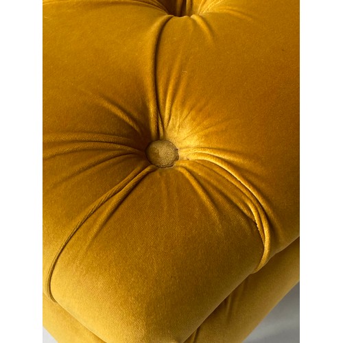 128 - FOOTSTOOL BY ALEXANDER & JAMES, rectangular buttoned studded mustard yellow velvet and turned suppor... 