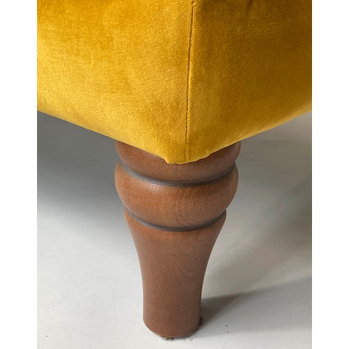 128 - FOOTSTOOL BY ALEXANDER & JAMES, rectangular buttoned studded mustard yellow velvet and turned suppor... 