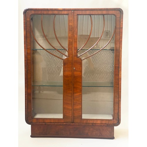 101 - ART DECO DISPLAY CABINET, burr walnut with two arched glazed doors and shelves, 58cm W x 30cm D x 11... 