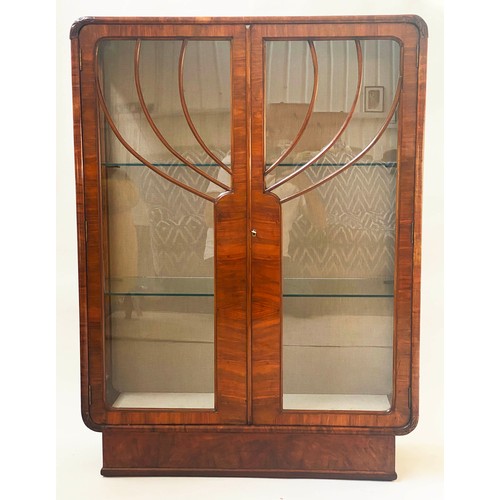 101 - ART DECO DISPLAY CABINET, burr walnut with two arched glazed doors and shelves, 58cm W x 30cm D x 11... 