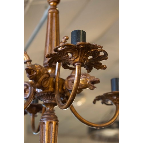 238 - CHANDELIERS, a pair, each 60cm H excluding chain x 45cm, ram's head detail in gilt metal with four l... 