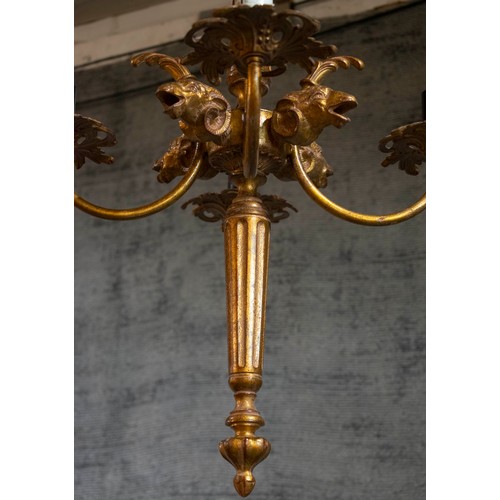 239 - CEILING LIGHTS, a pair, each 60cm H x 45cm, ram's head decorated gilt metal, to match previous lot. ... 