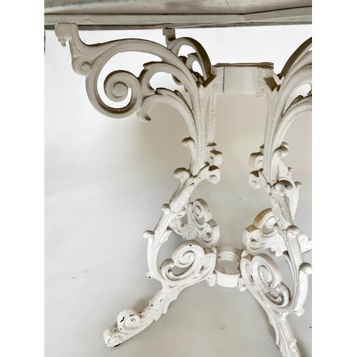 466 - CONSERVATORY DINING TABLE, Victorian style, variegated white marble, cast iron support, 136cm W.