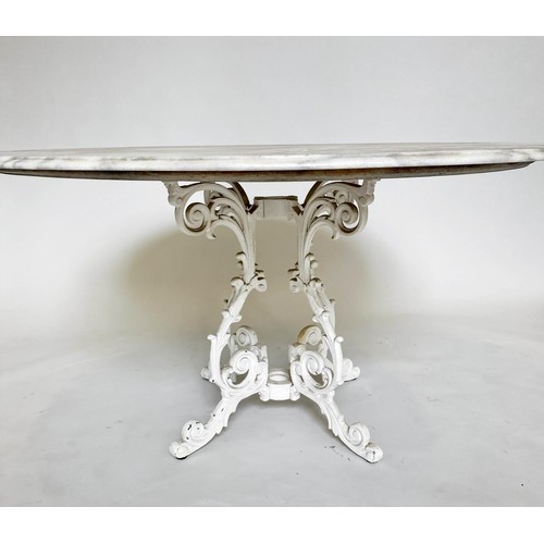 466 - CONSERVATORY DINING TABLE, Victorian style, variegated white marble, cast iron support, 136cm W.