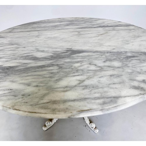 466 - CONSERVATORY DINING TABLE, Victorian style, variegated white marble, cast iron support, 136cm W.