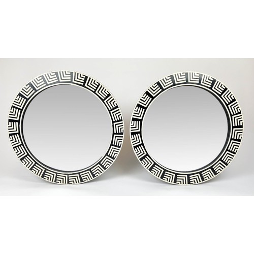 158 - WALL MIRRORS, a pair, 1970's Italian design, Greek key inlaid circular frames, 61cm diam. (2)