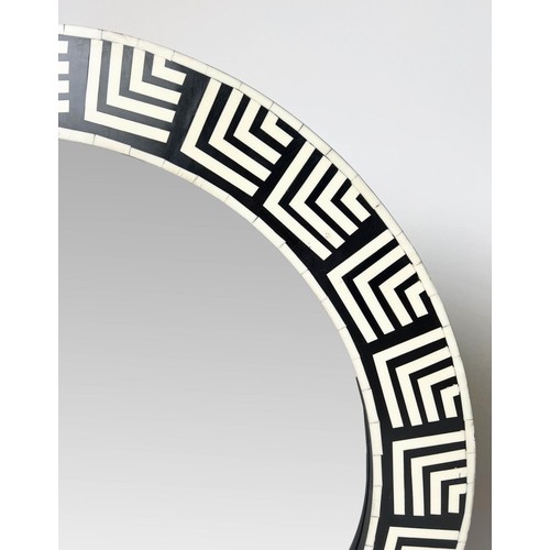 158 - WALL MIRRORS, a pair, 1970's Italian design, Greek key inlaid circular frames, 61cm diam. (2)