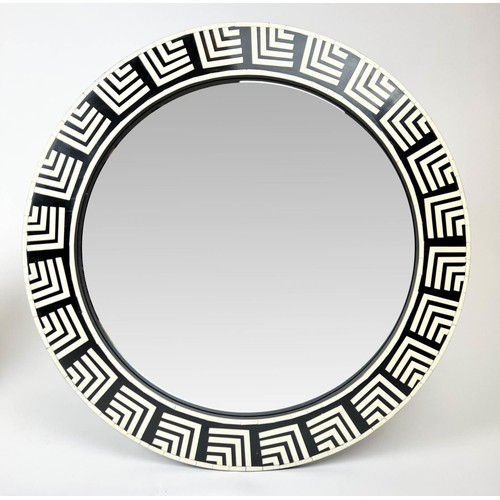 158 - WALL MIRRORS, a pair, 1970's Italian design, Greek key inlaid circular frames, 61cm diam. (2)