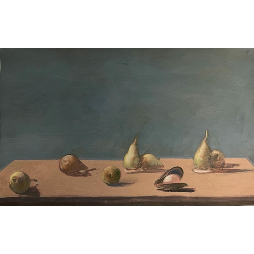 108 - DAVID TINDLE (b.1932), 'Study of pears and egg in shell', gouache on paper, 26cm x 17cm, framed and ... 