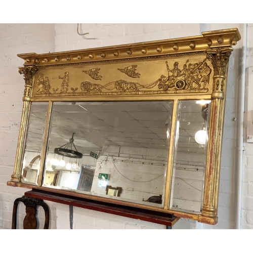 143 - OVERMANTEL, 90cm H x 148cm, Regency giltwood and gesso with chariot frieze above triple bevelled pla... 