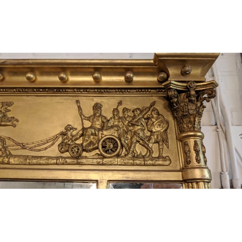 143 - OVERMANTEL, 90cm H x 148cm, Regency giltwood and gesso with chariot frieze above triple bevelled pla... 