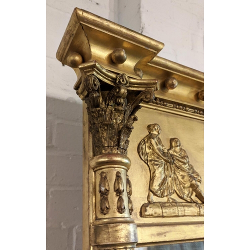 143 - OVERMANTEL, 90cm H x 148cm, Regency giltwood and gesso with chariot frieze above triple bevelled pla... 