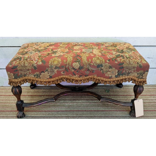 145 - STOOL, 47cm H x 94cm x 43cm, William & Mary style walnut in floral and tasseled upholstery.