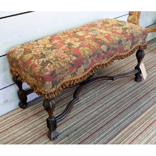 145 - STOOL, 47cm H x 94cm x 43cm, William & Mary style walnut in floral and tasseled upholstery.