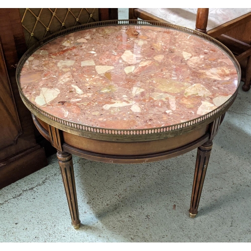 147 - LOW BOUILLOTTE TABLE, 53cm H x 69cm, Louis XVI style cherrywood with circular brass galleried marble... 