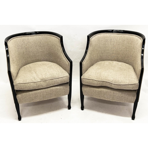 150 - TUB CHAIRS, a pair, Swedish Art Deco, ebonised frames with linen upholstery, 80cm H x 61cm W. (2)