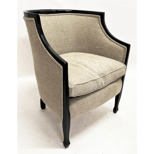 150 - TUB CHAIRS, a pair, Swedish Art Deco, ebonised frames with linen upholstery, 80cm H x 61cm W. (2)