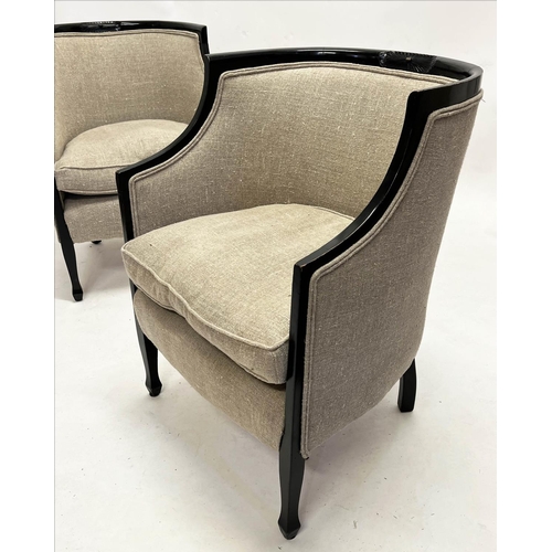 150 - TUB CHAIRS, a pair, Swedish Art Deco, ebonised frames with linen upholstery, 80cm H x 61cm W. (2)