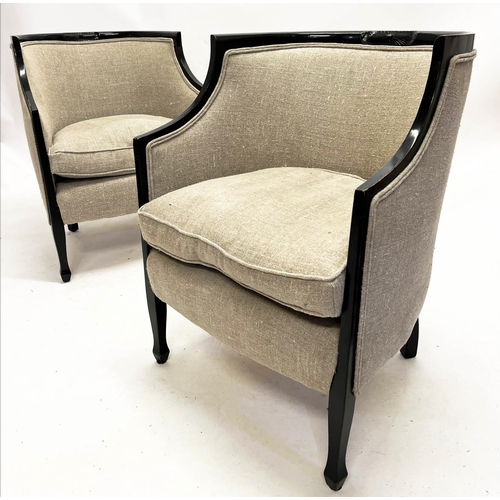 150 - TUB CHAIRS, a pair, Swedish Art Deco, ebonised frames with linen upholstery, 80cm H x 61cm W. (2)