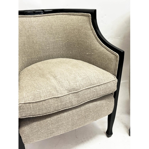 150 - TUB CHAIRS, a pair, Swedish Art Deco, ebonised frames with linen upholstery, 80cm H x 61cm W. (2)