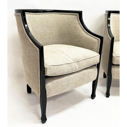 150 - TUB CHAIRS, a pair, Swedish Art Deco, ebonised frames with linen upholstery, 80cm H x 61cm W. (2)