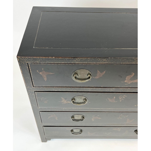 151 - CHINOISERIE CHEST, ebonised and gilt decorated with four long drawers, 97cm H x 105cm x 45cm.