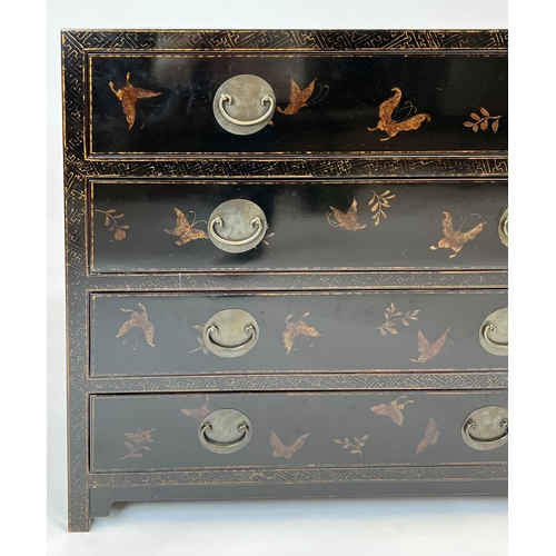 151 - CHINOISERIE CHEST, ebonised and gilt decorated with four long drawers, 97cm H x 105cm x 45cm.