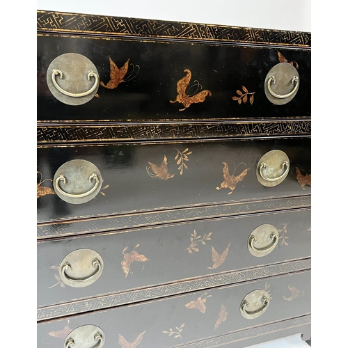 151 - CHINOISERIE CHEST, ebonised and gilt decorated with four long drawers, 97cm H x 105cm x 45cm.