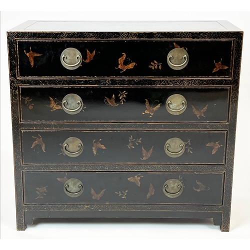 151 - CHINOISERIE CHEST, ebonised and gilt decorated with four long drawers, 97cm H x 105cm x 45cm.