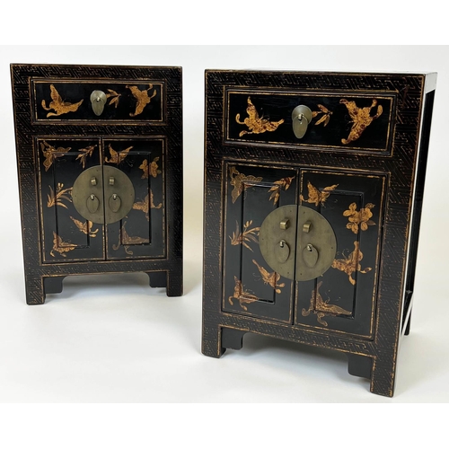 152 - CHINOISERIE BEDSIDE CABINETS, a pair, ebonised and gilt decorated, each with single drawer above two... 